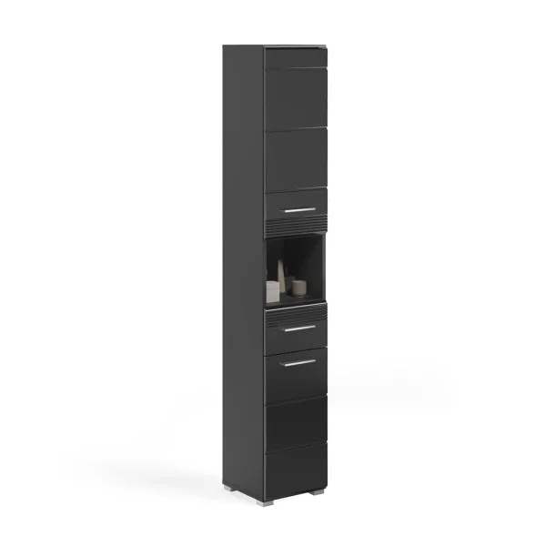 Linus Hochschrank Bad 2 Türen, 1 Schublade, 1 Ablage Hochglanz schwarz,schwarz.