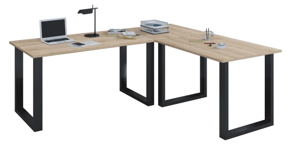 Lona Eckschreibtisch 160x160x50 cm U-Gestell Sonoma-Eiche dekor, Schwarz.