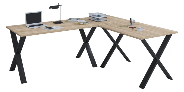 Lona Eckschreibtisch 220x160x80 cm X-Gestell Sonoma-Eiche dekor, Schwarz.