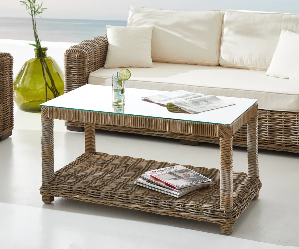 Loungetisch Nizza 100x50 cm Rattan grau Glasplatte