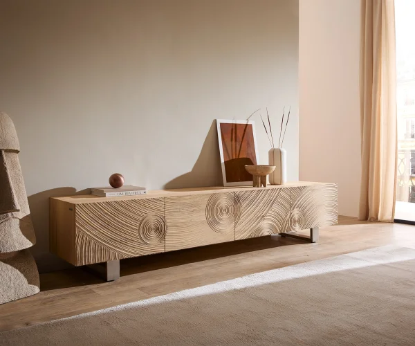 Lowboard Ashara 220 cm Eiche Natur 3D Effekt 4 Türen Kufe Edelstahl gebürstet