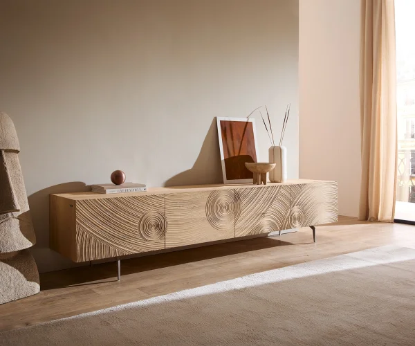 Lowboard Ashara 220 cm Eiche Natur 3D Effekt 4 Türen Winkelfuß Edelstahl gebürstet