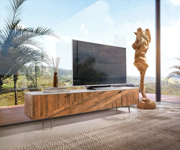 Lowboard Bahan 200 cm Mango Teak 4 Türen Marmorplatte weiss Winkelfuß Edelstahl