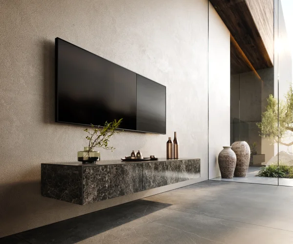 Lowboard Cuor 150 cm Keramik Laminam® Emperador Extra Lucidato Dunkelbraun 1 Klappe 1 Schubfach Schwebend