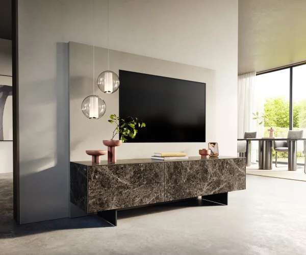 Lowboard Cuor 180 cm Keramik Laminam® Emperador Extra Lucidato Dunkelbraun 1 Klappe 2 Schubfächer Fuß Schwebeoptik Metall Schwarz
