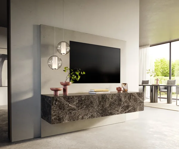 Lowboard Cuor 180 cm Keramik Laminam® Emperador Extra Lucidato Dunkelbraun 1 Klappe 2 Schubfächer Schwebend