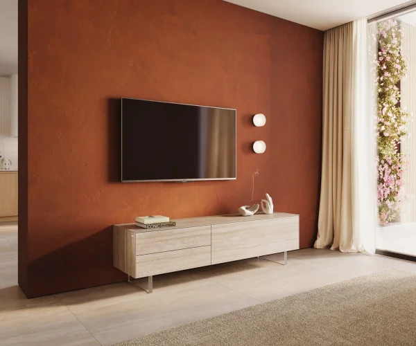 Lowboard Cuor 180 cm Keramik Laminam® Travertino Bianco Creme-Weiß 1 Klappe 2 Schubfächer Fuß Schwebeoptik Acrylglas