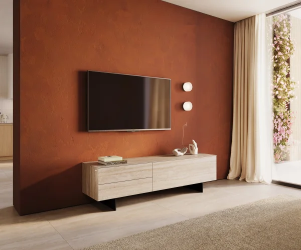 Lowboard Cuor 180 cm Keramik Laminam® Travertino Bianco Creme-Weiß 1 Klappe 2 Schubfächer Fuß Schwebeoptik Metall Schwarz