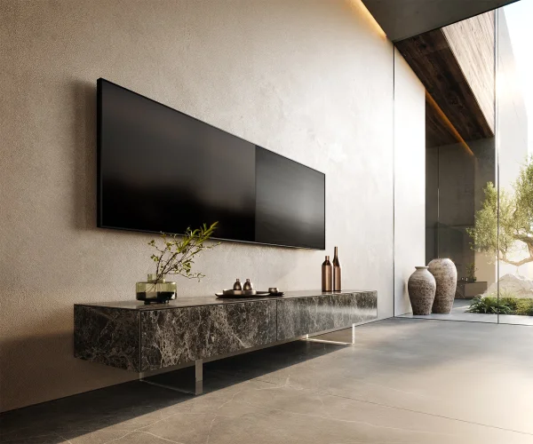 Lowboard Cuor 200 cm Keramik Laminam® Emperador Extra Lucidato Dunkelbraun 1 Klappe 1 Schubfach Fuß Schwebeoptik Acrylglas