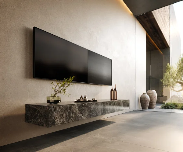 Lowboard Cuor 200 cm Keramik Laminam® Emperador Extra Lucidato Dunkelbraun 1 Klappe 1 Schubfach Schwebend