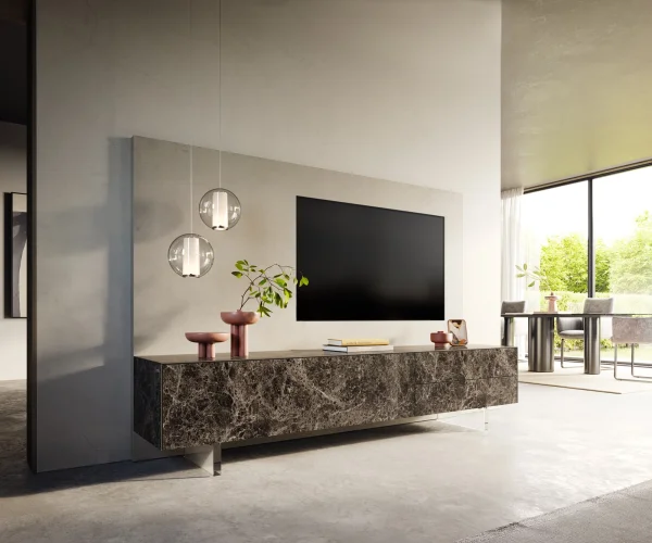 Lowboard Cuor 220 cm Keramik Laminam® Emperador Extra Lucidato Dunkelbraun 1 Klappe 2 Schubfächer Fuß Schwebeoptik Acrylglas