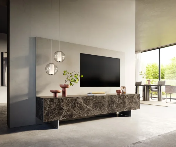 Lowboard Cuor 220 cm Keramik Laminam® Emperador Extra Lucidato Dunkelbraun 1 Klappe 2 Schubfächer Fuß Schwebeoptik Edelstahl