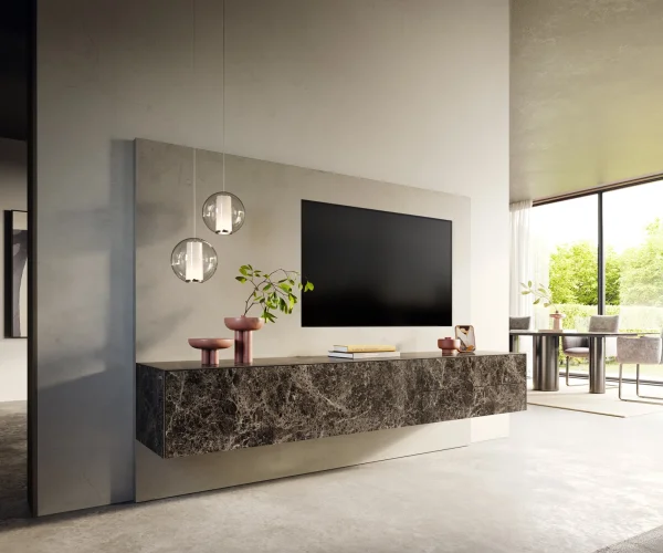 Lowboard Cuor 220 cm Keramik Laminam® Emperador Extra Lucidato Dunkelbraun 1 Klappe 2 Schubfächer Schwebend
