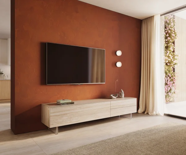 Lowboard Cuor 220 cm Keramik Laminam® Travertino Bianco Creme-Weiß 1 Klappe 2 Schubfächer Fuß Schwebeoptik Acrylglas