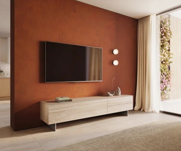 Lowboard Cuor 220 cm Keramik Laminam® Travertino Bianco Creme-Weiß 1 Klappe 2 Schubfächer Fuß Schwebeoptik Edelstahl