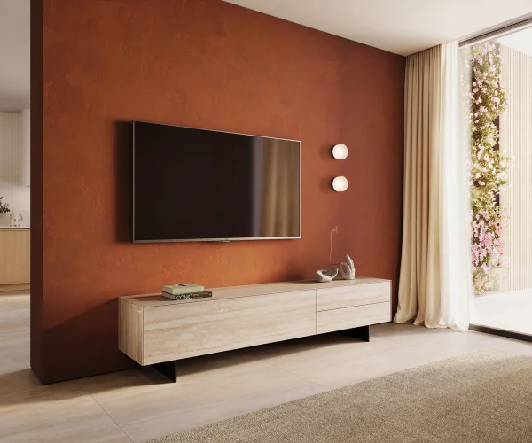 Lowboard Cuor 220 cm Keramik Laminam® Travertino Bianco Creme-Weiß 1 Klappe 2 Schubfächer Fuß Schwebeoptik Metall Schwarz