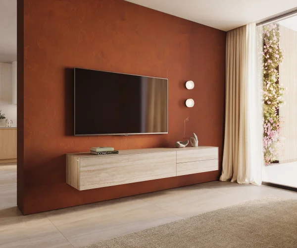 Lowboard Cuor 220 cm Keramik Laminam® Travertino Bianco Creme-Weiß 1 Klappe 2 Schubfächer Schwebend