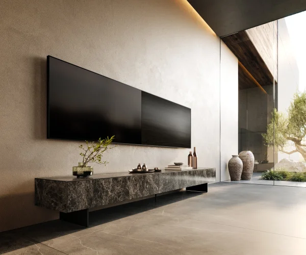 Lowboard Cuor 250 cm Keramik Laminam® Emperador Extra Lucidato Dunkelbraun 1 Klappe 1 Schubfach Fuß Schwebeoptik Metall Schwarz
