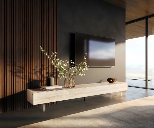 Lowboard Cuor 250 cm Keramik Laminam® Travertino Bianco Creme-Weiß 1 Klappe 1 Schubfach Fuß Schwebeoptik Acrylglas