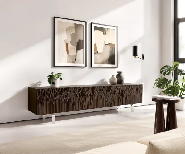 Lowboard Follia 200 cm Mango Braun 4 Türen L-Fuß Edelstahl gebürstet