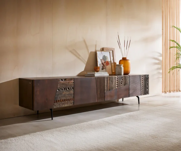 Lowboard Imara 200 cm Mango Braun 4 Türen Winkelfuß Metall Schwarz