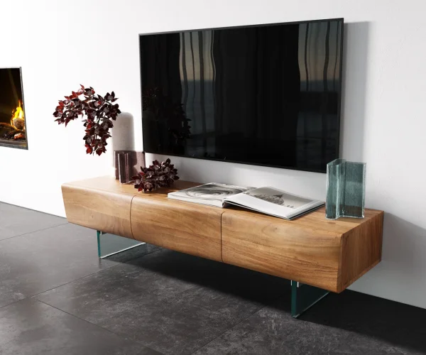 Lowboard New Live-Edge 145 cm Akazie Natur 3 Türen Glasfuß
