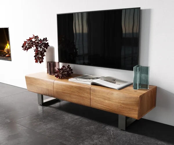 Lowboard New Live-Edge 145 cm Akazie Natur 3 Türen Kufe Edelstahl gebürstet