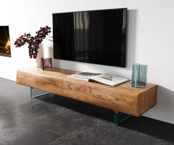 Lowboard New Live-Edge 175 cm Akazie Natur 4 Türen Glasfuß