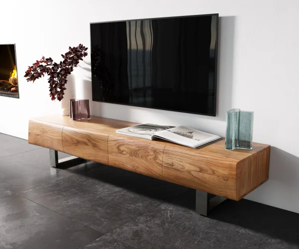 Lowboard New Live-Edge 175 cm Akazie Natur 4 Türen Kufe Edelstahl gebürstet
