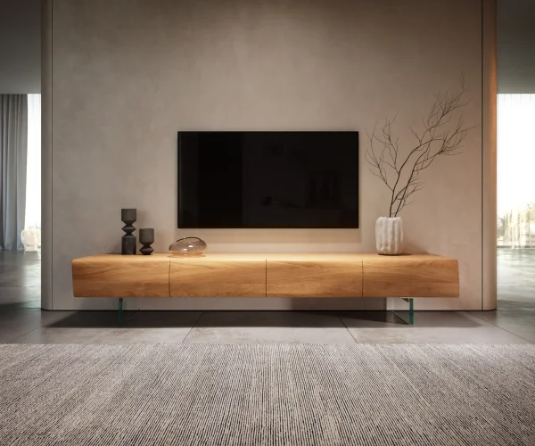 Lowboard New Live-Edge 200 cm Eiche Natur 4 Türen Glasfuß