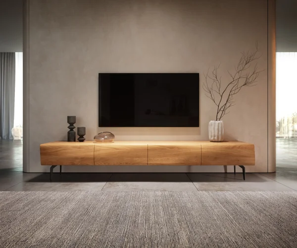 Lowboard New Live-Edge 200 cm Eiche Natur 4 Türen Winkelfuß Metall Schwarz