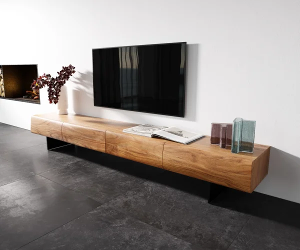Lowboard New Live-Edge 240 cm Akazie Natur 4 Schubladen Fuß schwebend Metall Schwarz