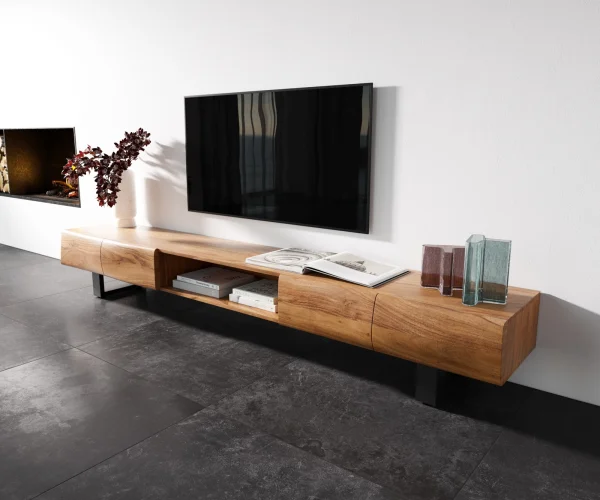 Lowboard New Live-Edge 240 cm Akazie Natur 4 Türen 1 Fach Kufe Metall Schwarz