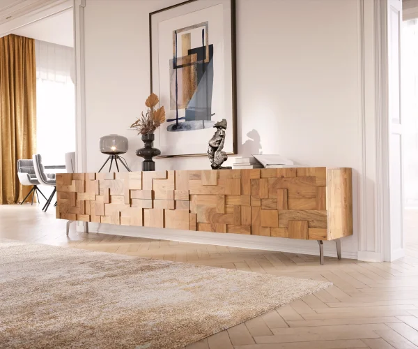 Lowboard Puzzle 260 cm Akazie Natur Winkelfuß Edelstahl