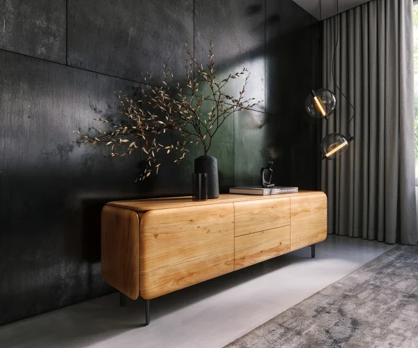 Lowboard Shavani 175 cm Akazie Natur 2 Türen 2 Schubladen Fuß Oval Metall Schwarz