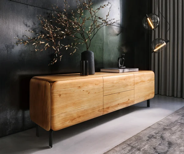 Lowboard Shavani 175 cm Akazie Natur 2 Türen 2 Schubladen L-Fuß Metall Schwarz