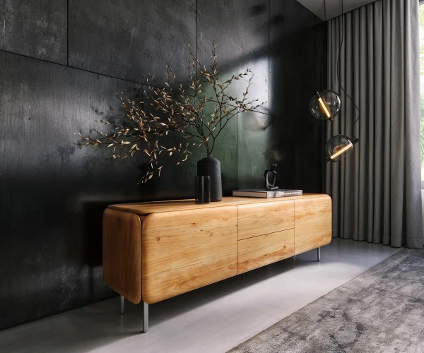 Lowboard Shavani 175 cm Akazie Natur 2 Türen 2 Schubladen Rundfuß Edelstahl Silber