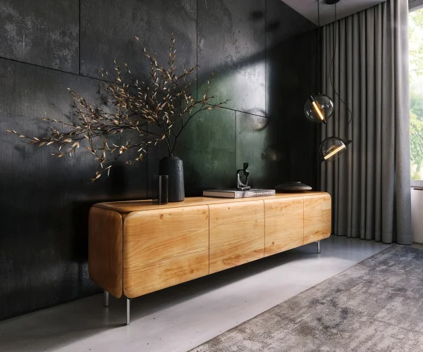 Lowboard Shavani 200 cm Akazie Natur 4 Türen Fuß Oval Edelstahl