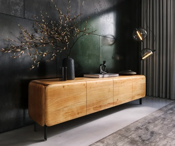 Lowboard Shavani 200 cm Akazie Natur 4 Türen L-Fuß Metall Schwarz