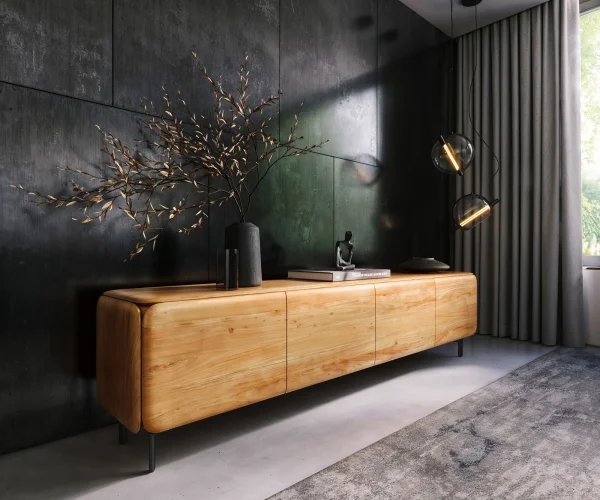 Lowboard Shavani 220 cm Akazie Natur 4 Türen Fuß Oval Metall Schwarz