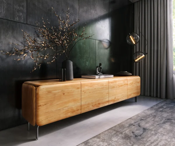 Lowboard Shavani 220 cm Akazie Natur 4 Türen L-Fuß Edelstahl Silber