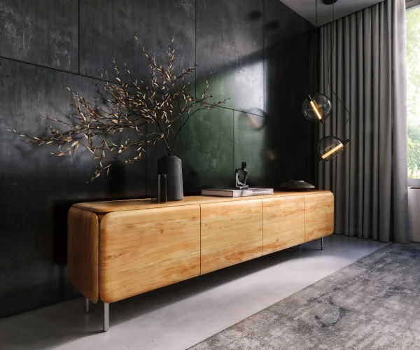 Lowboard Shavani 220 cm Akazie Natur 4 Türen Rundfuß Edelstahl Silber