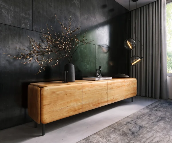 Lowboard Shavani 220 cm Akazie Natur 4 Türen Rundfuß Metall Schwarz