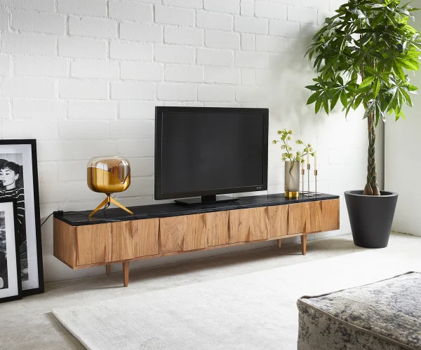 Lowboard Shia 200cm Akazie Natur Marmor Schwarz 4 Türen