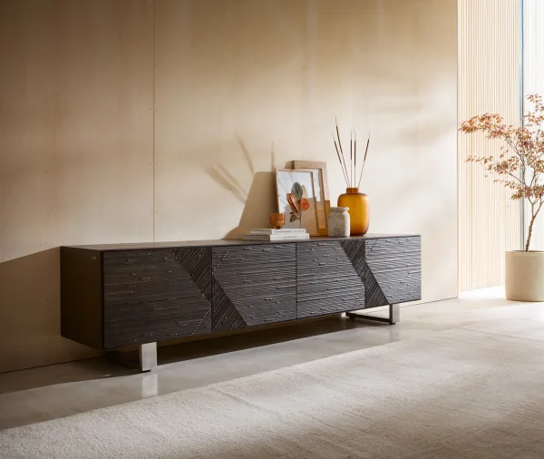 Lowboard Tereos 220 cm Esche Dunkelbraun 3D Effekt 4 Türen Kufe Edelstahl gebürstet