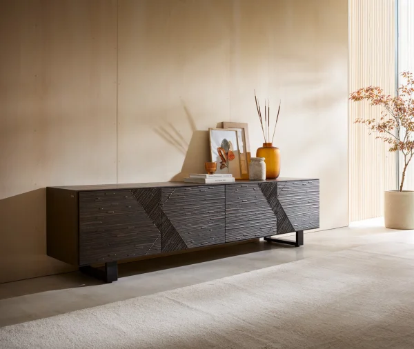 Lowboard Tereos 220 cm Esche Dunkelbraun 3D Effekt 4 Türen Kufe Metall Schwarz