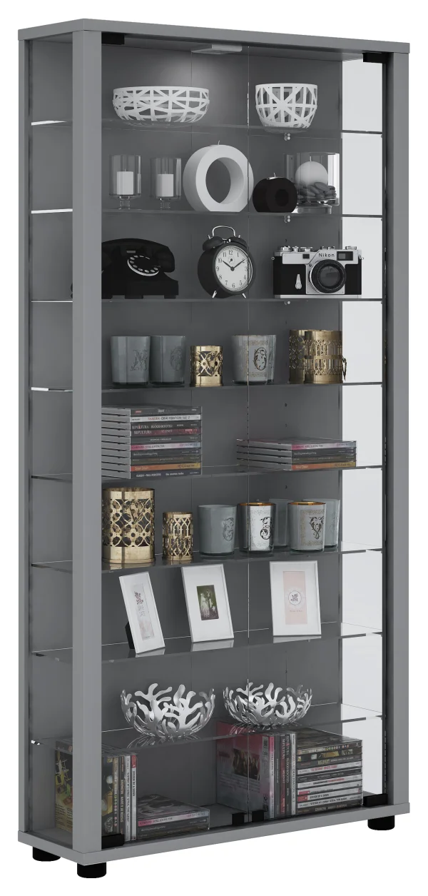 Lumo Maxi Vitrinenschrank 2 Glastüren, Glasvitrinen mit LED-Leuchten Silberfarbig.
