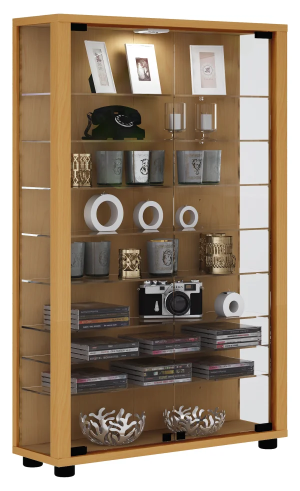 Lumo Mini Vitrinenschrank 2 Glastüren, Glasvitrinen mit LED-Leuchten Buche dekor.
