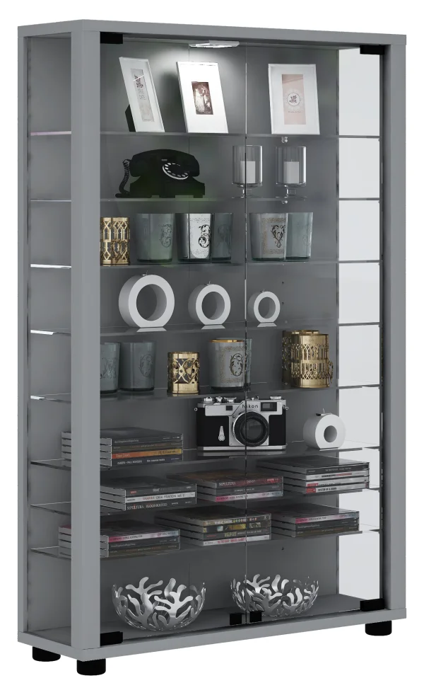 Lumo Mini Vitrinenschrank 2 Glastüren, Glasvitrinen mit LED-Leuchten Silberfarbig.