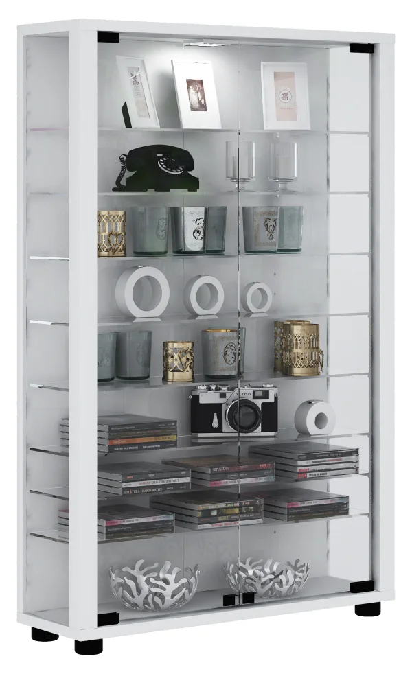 Lumo Mini Vitrinenschrank 2 Glastüren, Glasvitrinen mit LED-Leuchten weiß.